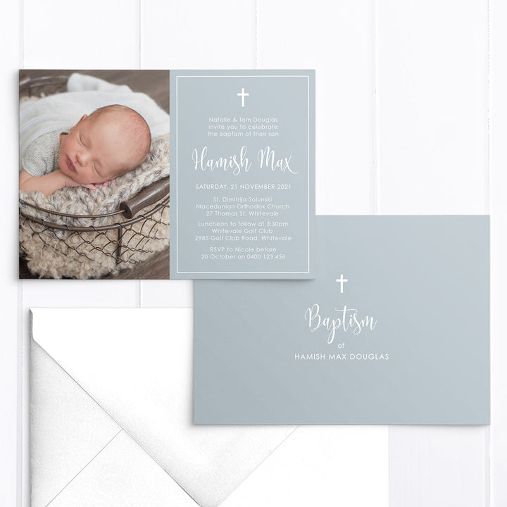 Boy photo baptism invitation with cross and modern font in soft duck egg blue. Formal invitation printed in Australia or DIY Baptism invitation.
