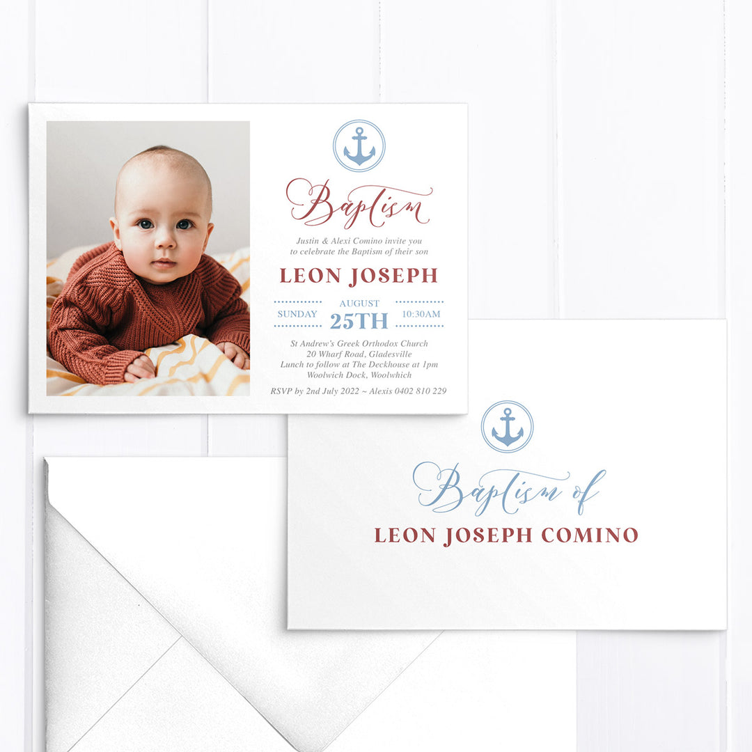 Nautical Christening or Baptism invitation with child's photo and anchor design in rust red colour and chocolate. Designed and printed in Australia or printable worldwide invitations.