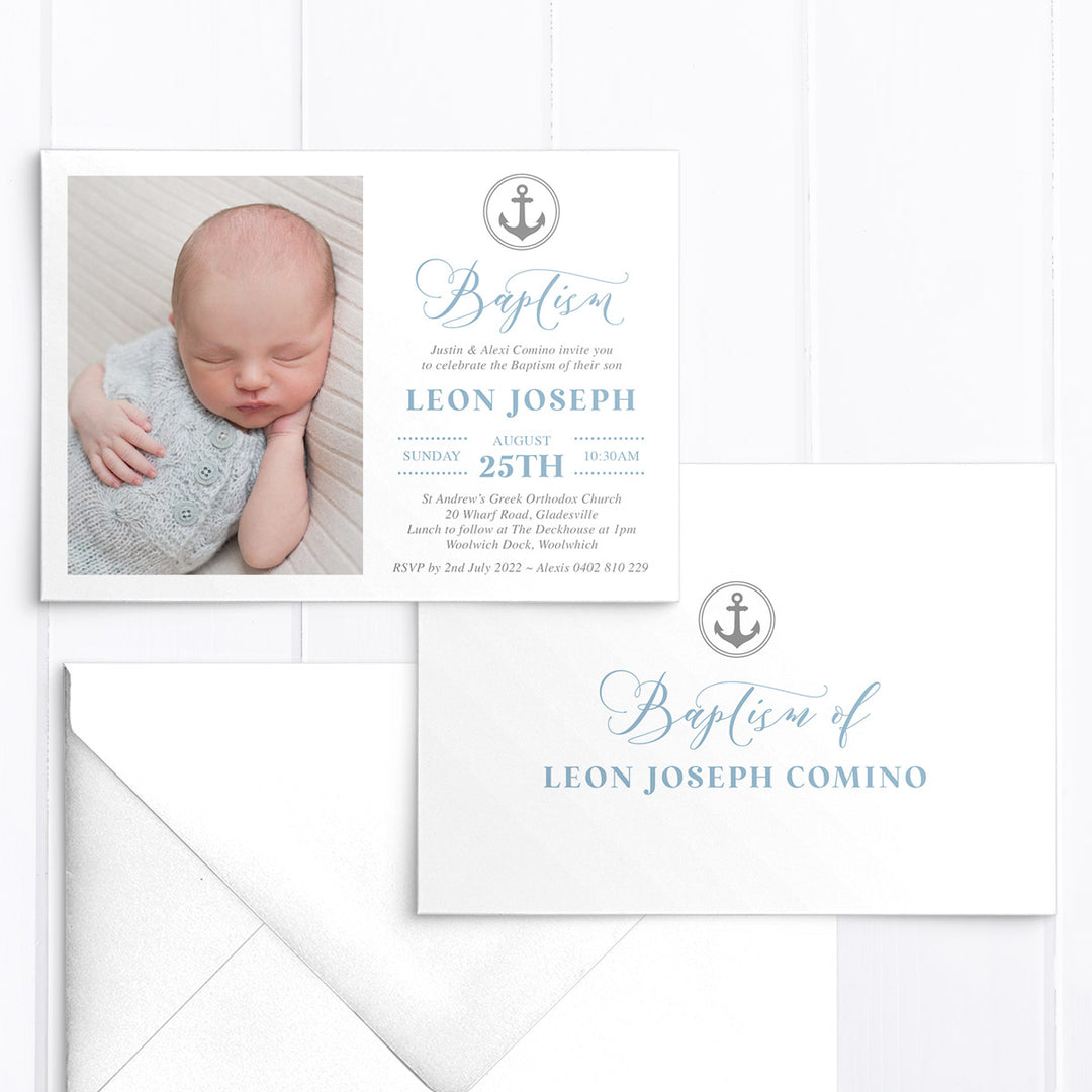 Nautical Christening or Baptism invitation with child's photo and anchor design in soft blue and chocolate. Designed and printed in Australia or printable worldwide invitations.