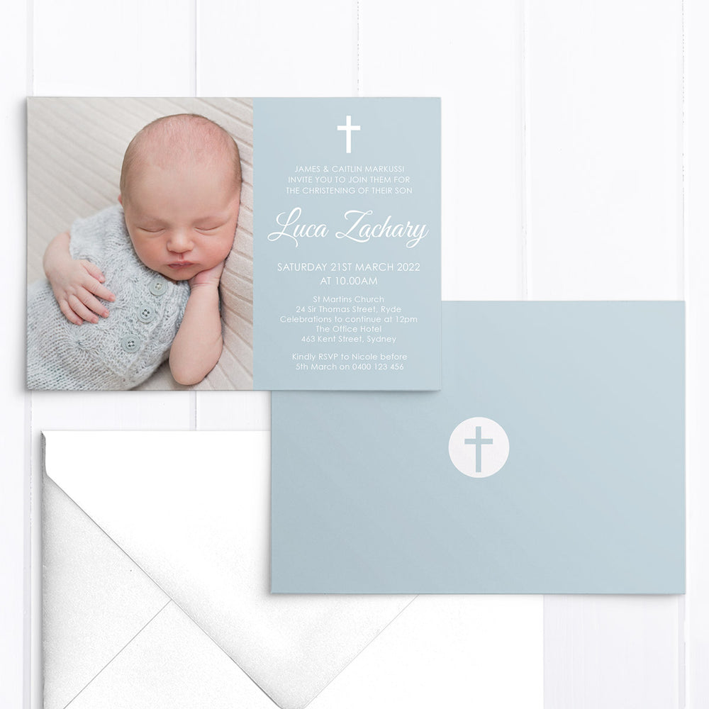 Christening or Baptism invitation with child's photo and Dove in soft blue and white. Designed and printed in Australia or printable worldwide invitations.
