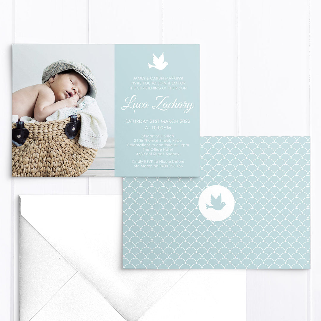 Christening or Baptism invitation with child's photo and Dove in soft blue and white. Designed and printed in Australia or printable worldwide invitations.