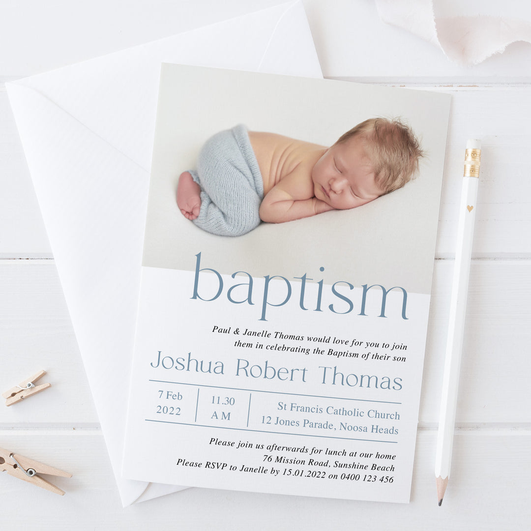 Modern Baptism and Christening Invitation with photo of your child and minimalistic font styles. Blue and white, printed in Australia on premium cardstock.