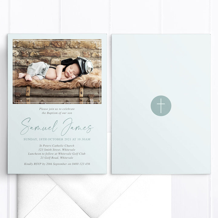 Boy Baptism or Christening invitation with a photo of your little boy at top and modern calligraphy font. Any colours to match photos. Australia and New Zealand.