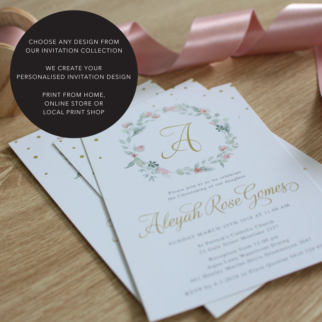 Print Your Own digital baptism invitations, photo christening invitations, print from home budget invitations