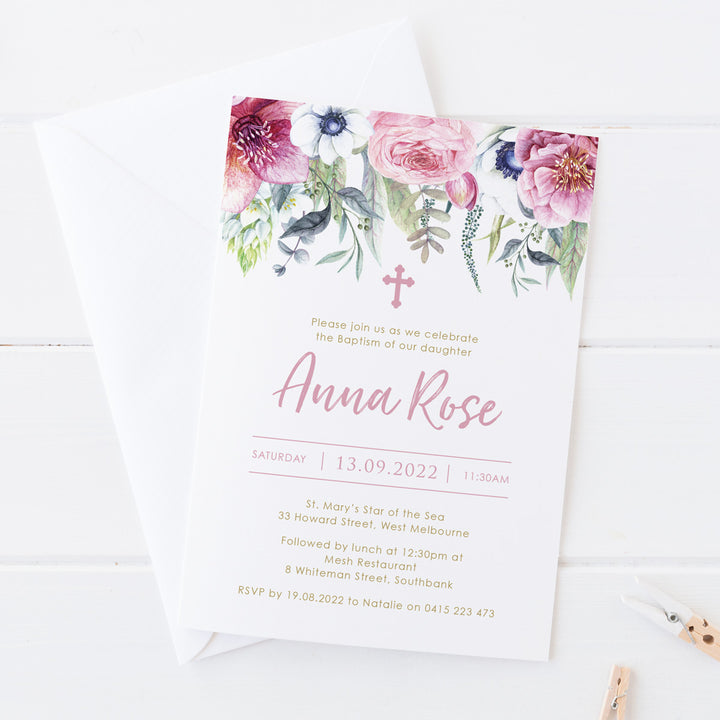 Floral Baptism or Christening Invitation for girl with gold text and brush script font. Designed and printed in Australia or DIY printable invitation.