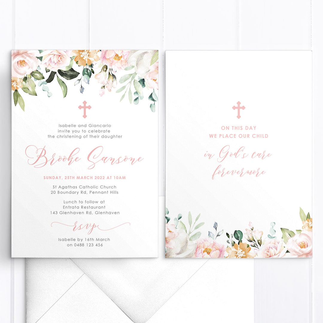 Beautiful girl Baptism Invitation with calligraphy, decorative cross and a floral border at top. Printable invitations Australia.