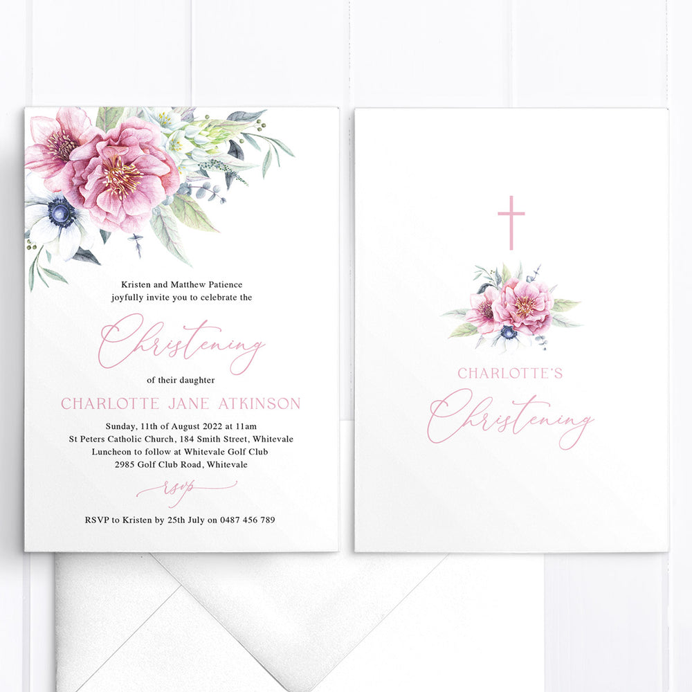 Beautiful Baptism or Christening invitation with pink flowers and leaves in top corner and calligraphy font in pink. Designed in Australia. Printed or Print Your Own DIY invitation.