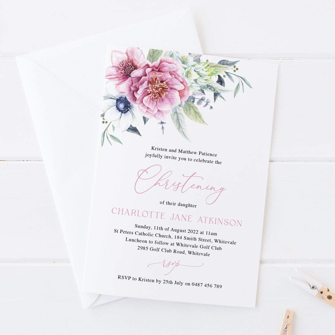 Beautiful Baptism or Christening invitation with pink flowers and leaves in top corner and calligraphy font in pink. Designed in Australia. Printed or Print Your Own DIY invitation.