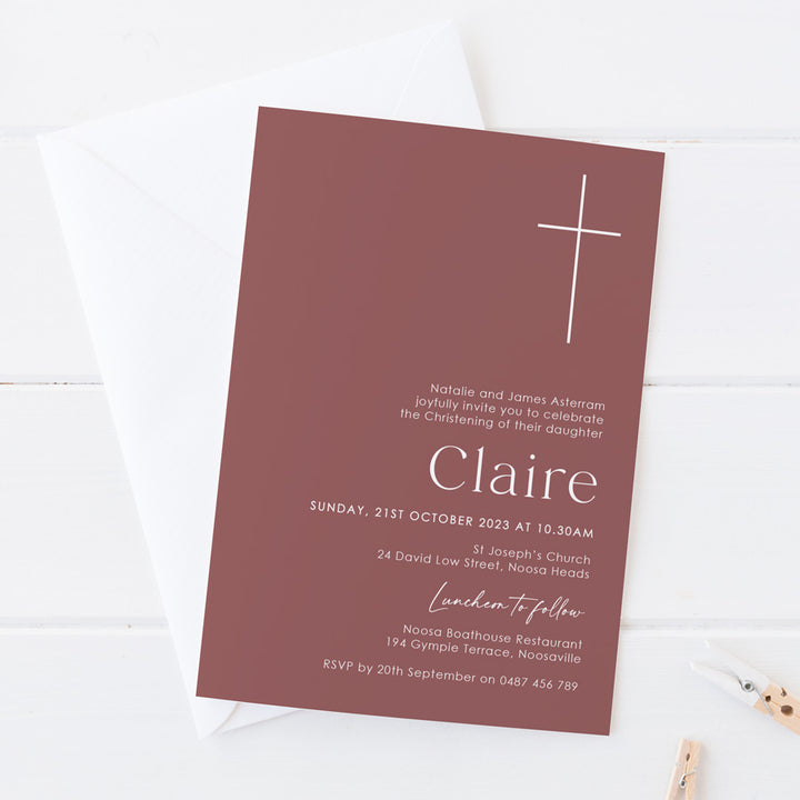 Modern Baptism or Christening invitation. Large minimal cross design and modern fonts. Marsala burgundy colours. Peach Perfect Australia.