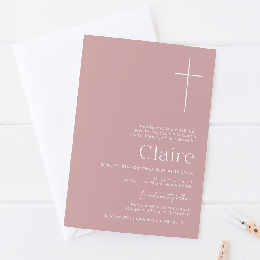 Modern Baptism or Christening invitation. Large minimal cross design and modern fonts. Nude pink and dusty pink colours. Peach Perfect Australia.