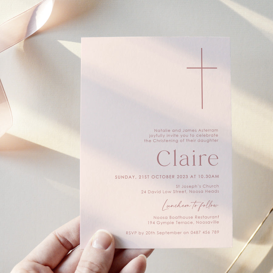 Modern Baptism or Christening invitation. Large minimal cross design and modern fonts. Nude pink and dusty pink colours. Peach Perfect Australia.