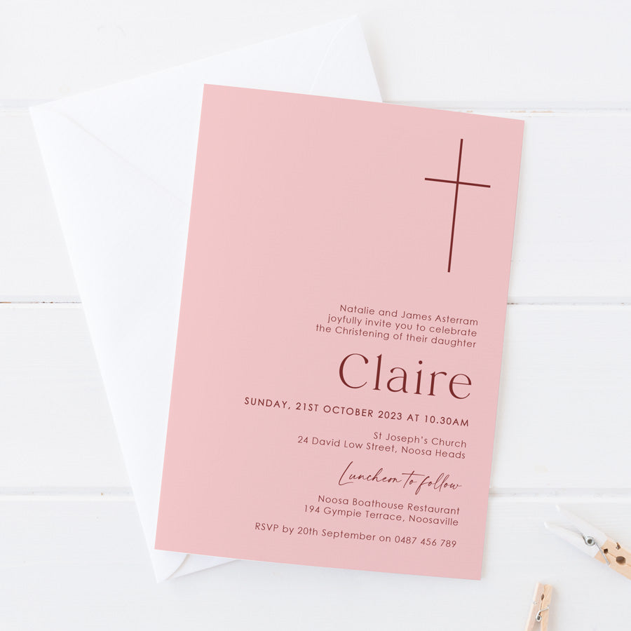 Modern Baptism or Christening invitation. Large minimal cross design and modern fonts. Nude pink and dusty pink colours. Peach Perfect Australia.