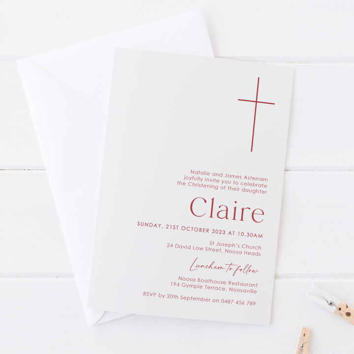 Modern Baptism or Christening invitation. Large minimal cross design and modern fonts. White with Rose coloured text. Peach Perfect Australia.