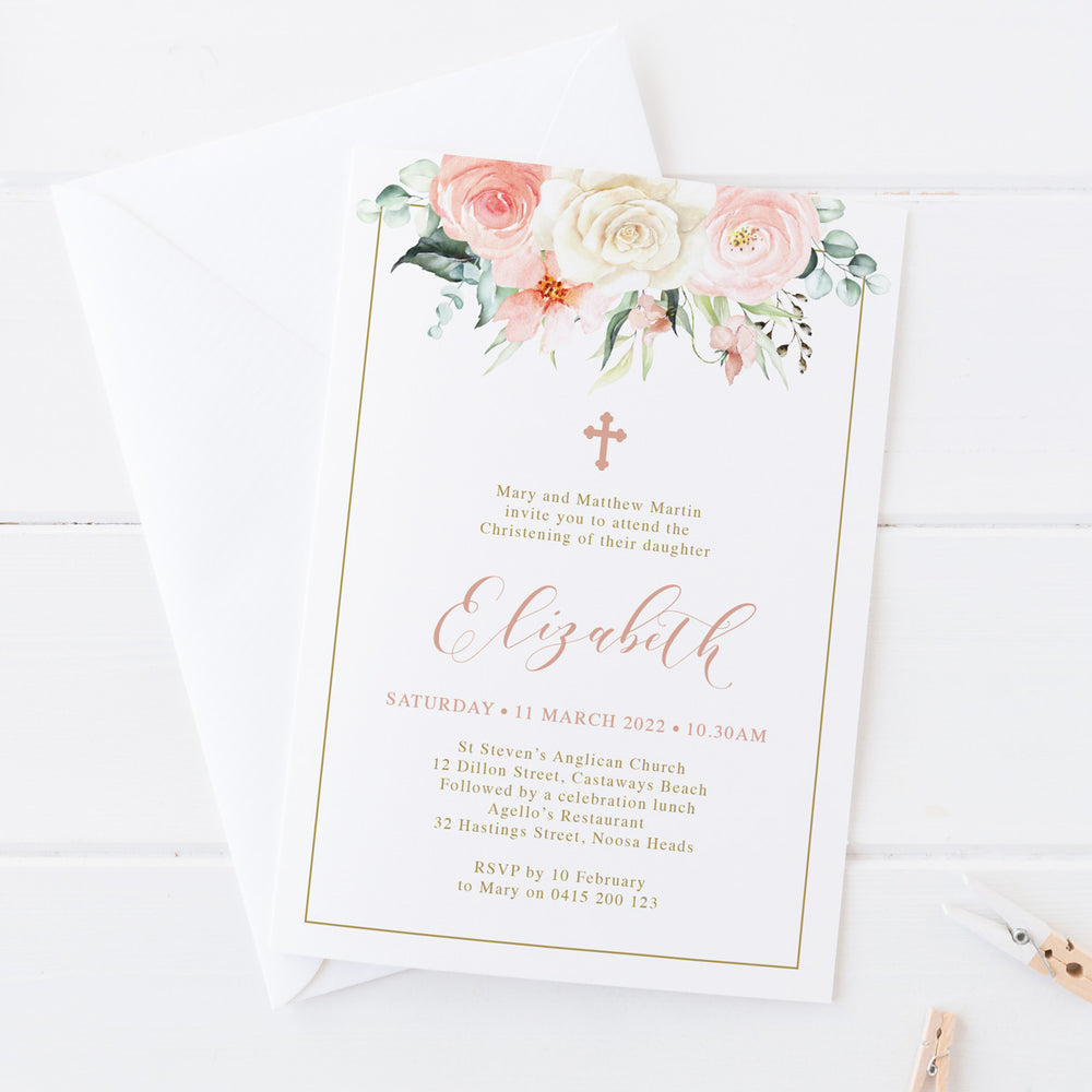 Beautiful Baptism or Christening invitation with apricot flowers and leaves as top border and calligraphy font in pink and gold. Designed in Australia. Printed or Print Your Own DIY invitation.