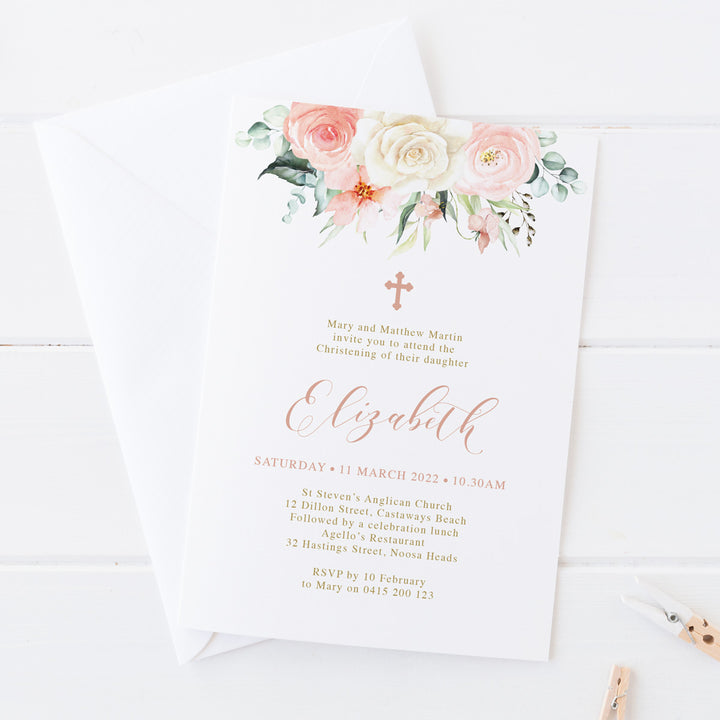 Beautiful Baptism or Christening invitation with apricot flowers and leaves as top border and calligraphy font in pink and gold. Designed in Australia. Printed or Print Your Own DIY invitation.