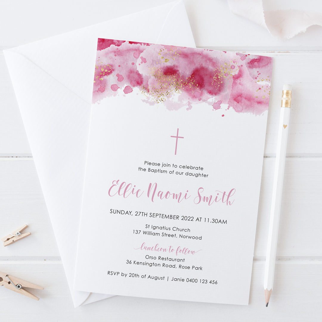 Pink watercolour wash Christening invitation with calligraphy font and splashes of gold. Printed or printable digital invitations Australia.