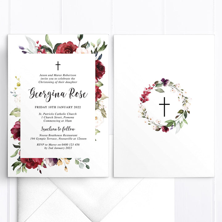 Christening or Baptism invitation, designed and printed double sided, red and burgundy florals and catholic cross with calligraphy and floral wreath on the back