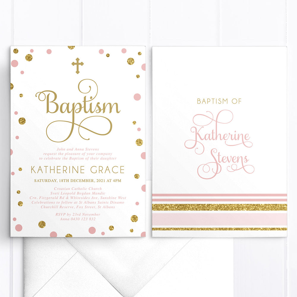 Girl Christening or Baptism invitation with pink and gold glitter spots and calligraphy font. Decorative cross. Designed in Australia.