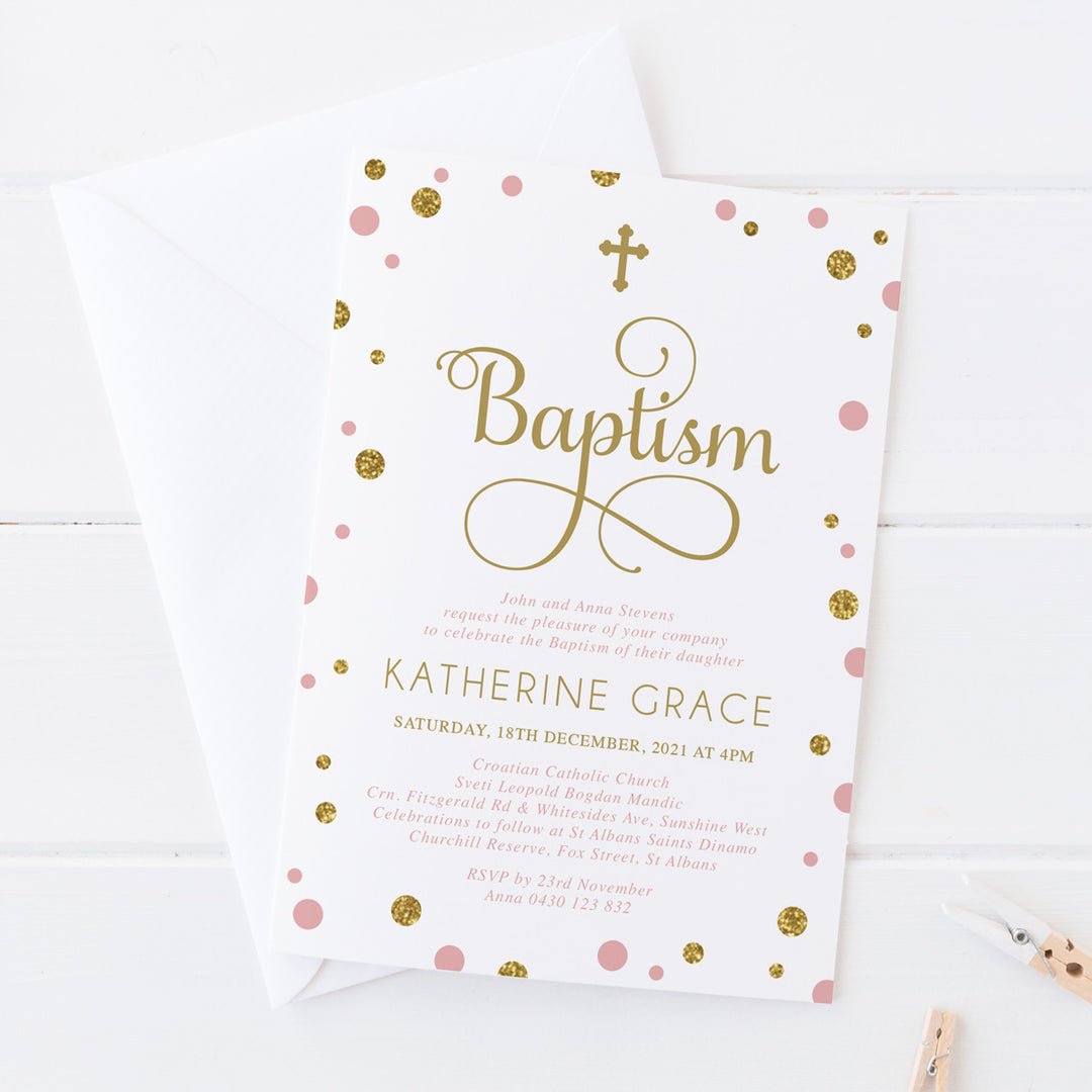 Girl Christening or Baptism invitation with pink and gold glitter spots and calligraphy font. Decorative cross. Designed in Australia.