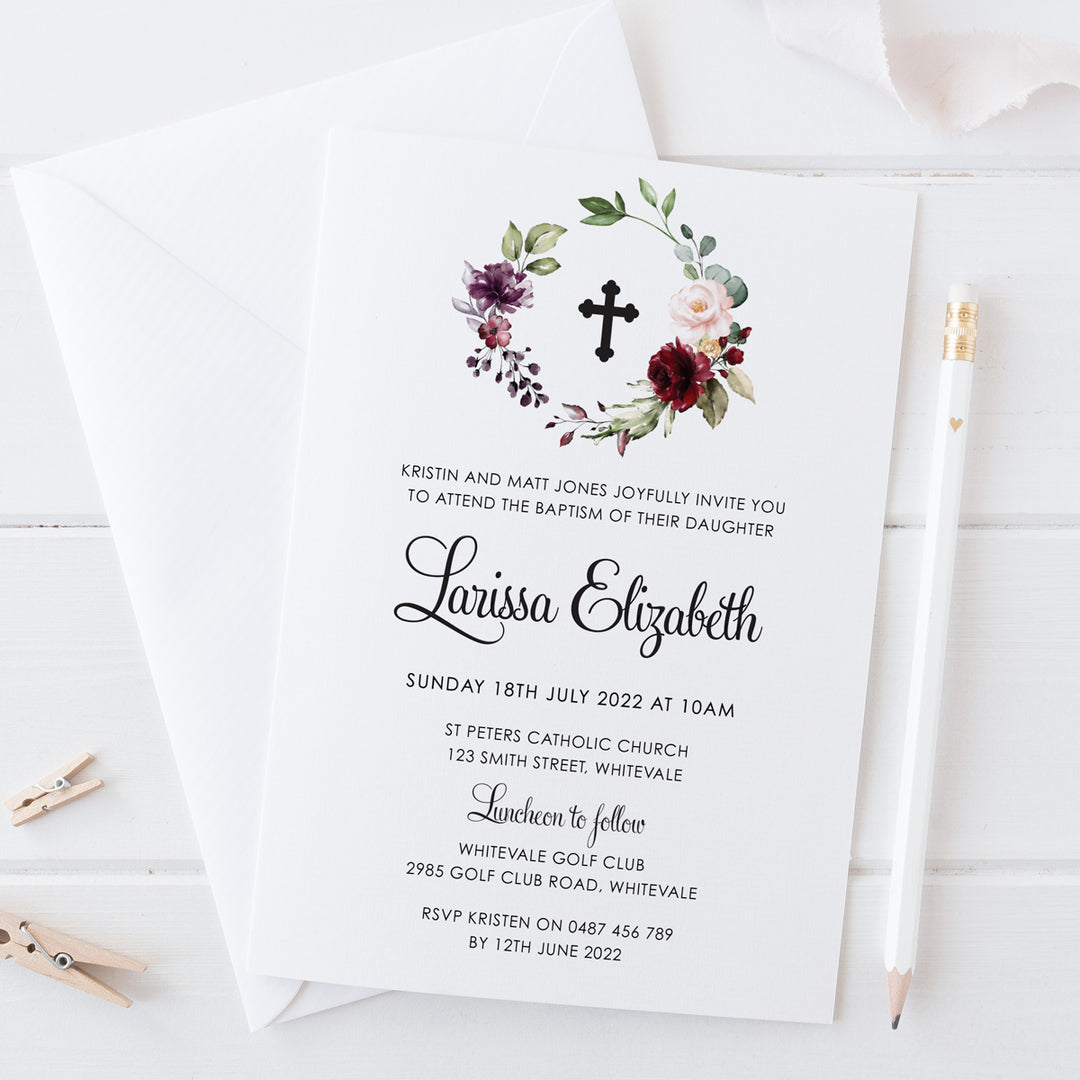 Girl christening or baptism invitation, double sided with black text, calligraphy font and beautiful watercolour florals