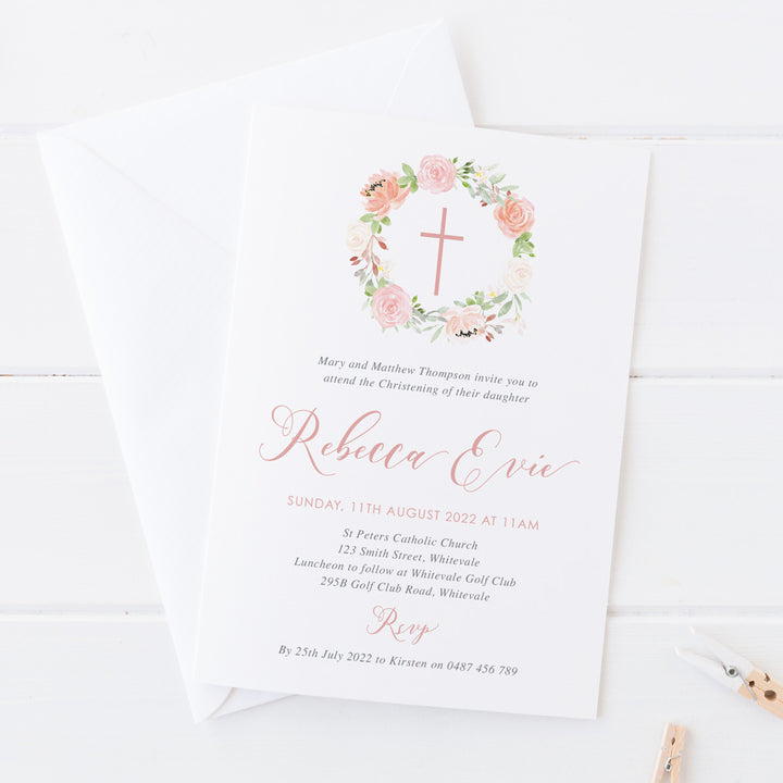 Baptism Christening invitation printed both sides, calligraphy font and beautiful watercolour wreath with modern cross. Pink and apricot colours.