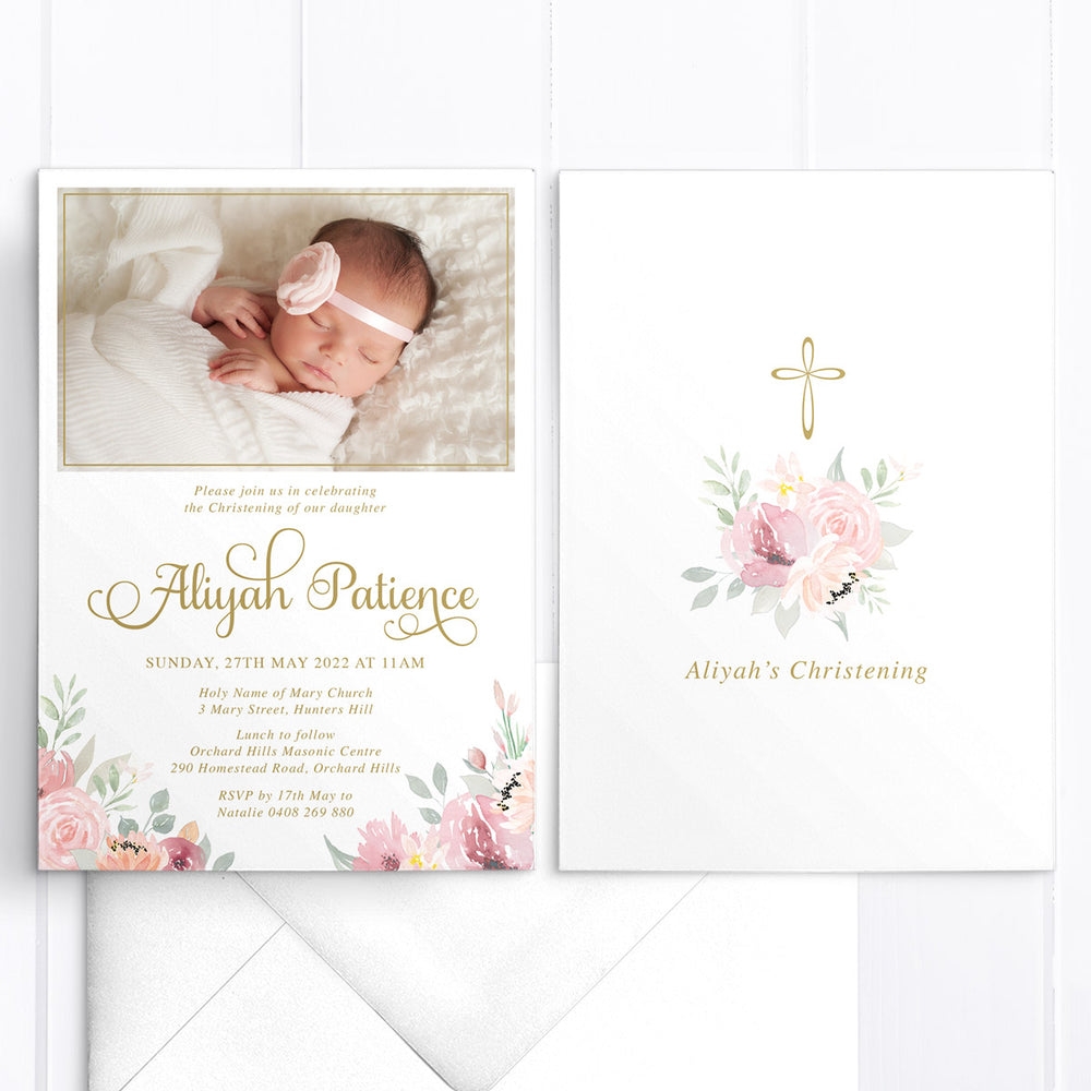 Baby girl photo baptism invitation with soft pink and apricot florals and greenery, and gold text. Designed and printed in Australia or print your own printable file.