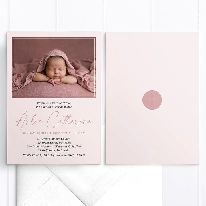 Modern Baptism and Christening Invitation with photo of your child and minimalistic font styles.  Blush pink and white, printed in Australia on premium cardstock.