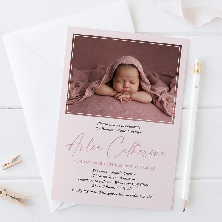 Modern Baptism and Christening Invitation for little girl with photo of your child and minimalistic font styles. Blush pink and white, printed in Australia on premium cardstock.