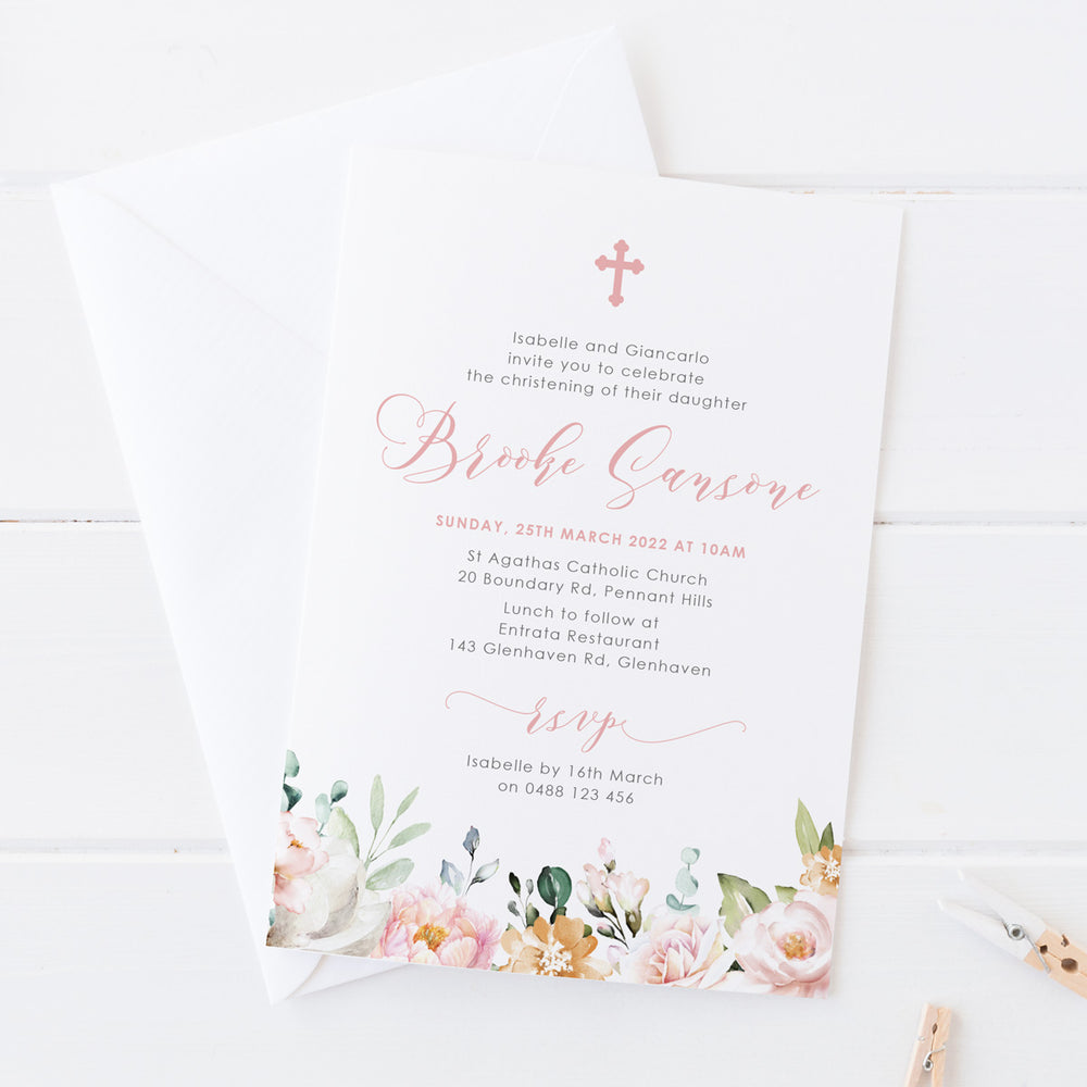 Beautiful Baptism Invitation for little girl with Photo of child and quote on front in calligraphy, florals nad information on the back. Designed and printed in Australia, or DIY printable invitations.