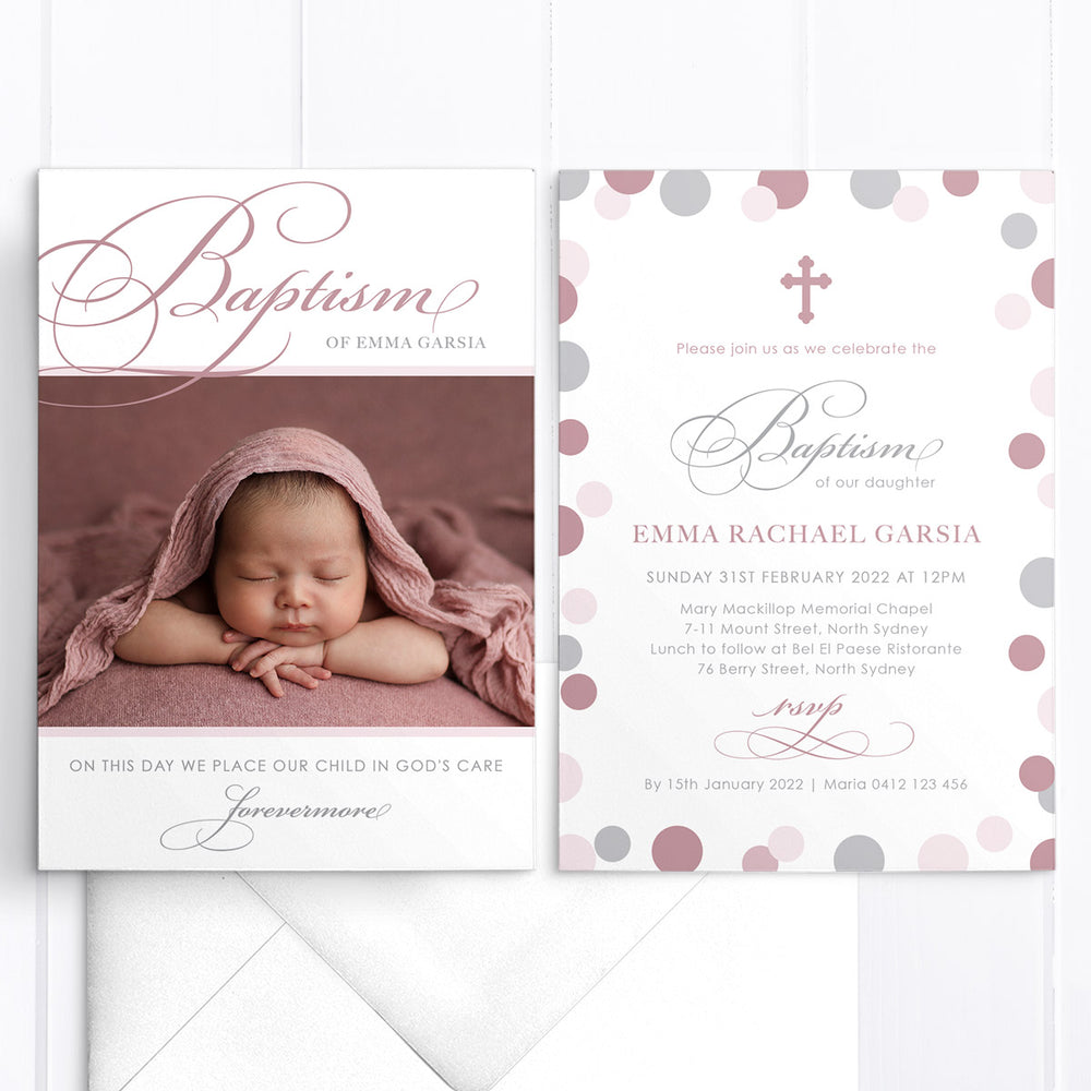 Minimal photo Baptism or Christening invitation for little girl with calligraphy font in your choice of colours. Printable DIY or printed in Australia.