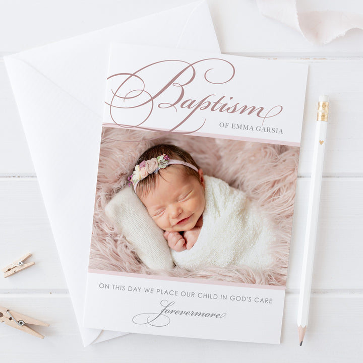 Minimal photo Baptism or Christening invitation for little girl with calligraphy font in your choice of colours. Printable DIY or printed in Australia.