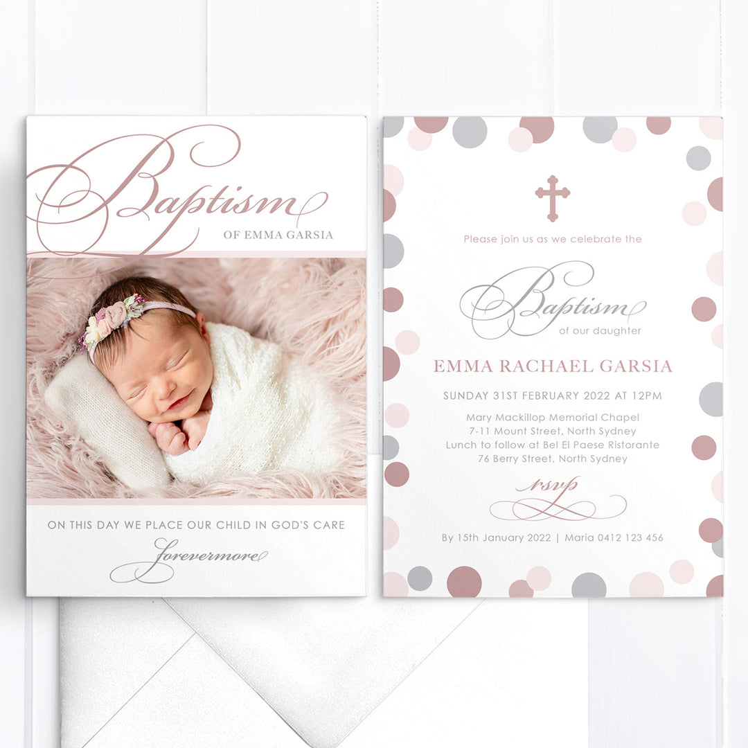 Minimal photo Baptism or Christening invitation for little girl with calligraphy font in your choice of colours. Printable DIY or printed in Australia.