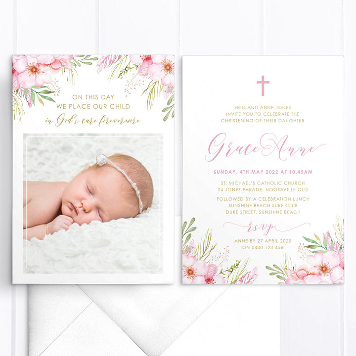 Beautiful pink floral Baptism or Christening photo invitation. Calligraphy font styles and pink and gold text. Printed in Australia.