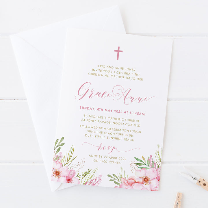 Beautiful pink floral Baptism or Christening photo invitation. Calligraphy font styles and pink and gold text. Printed in Australia.