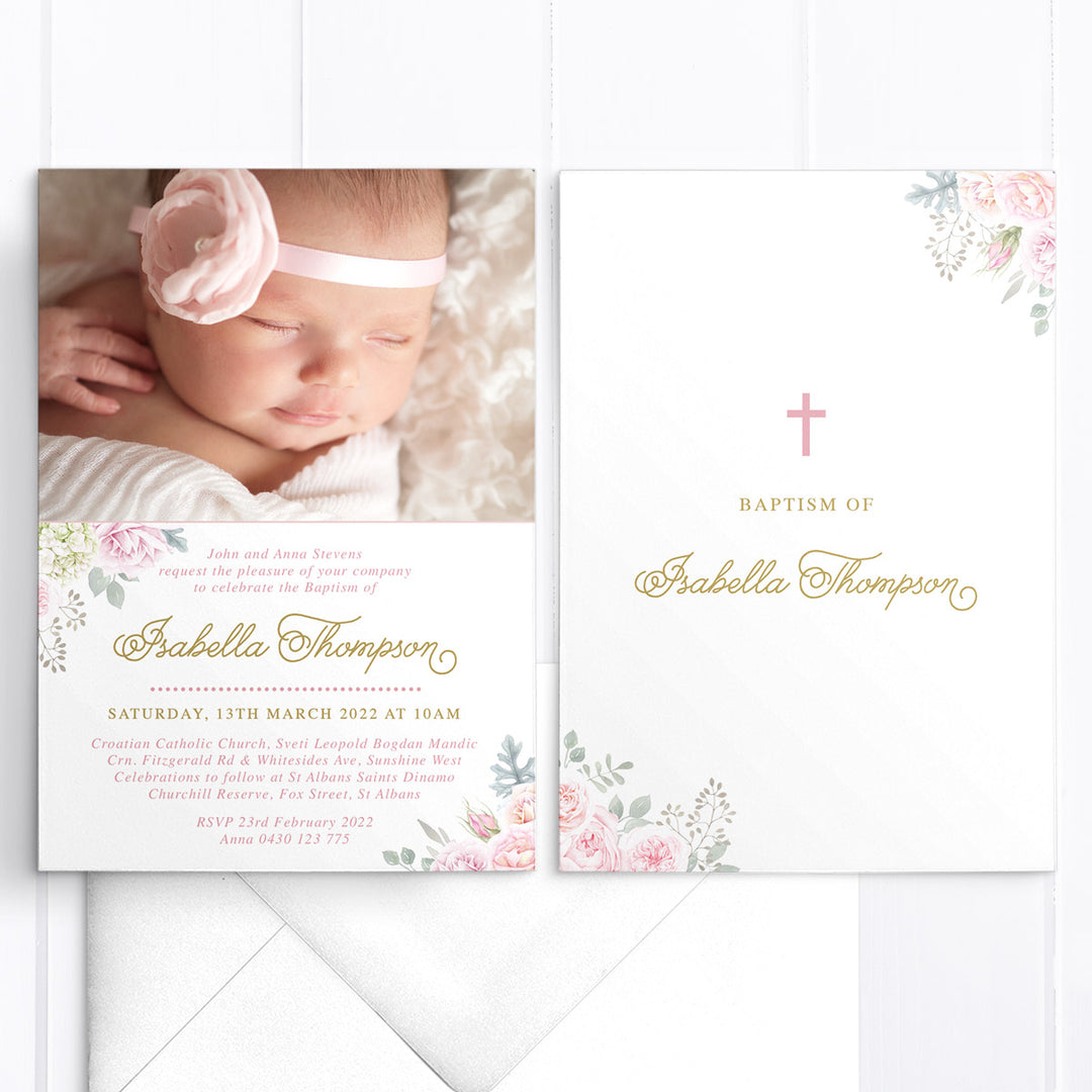 Baby girl photo baptism invitation with soft pink and apricot florals and greenery. Designed and printed in Australia or print your own printable file.