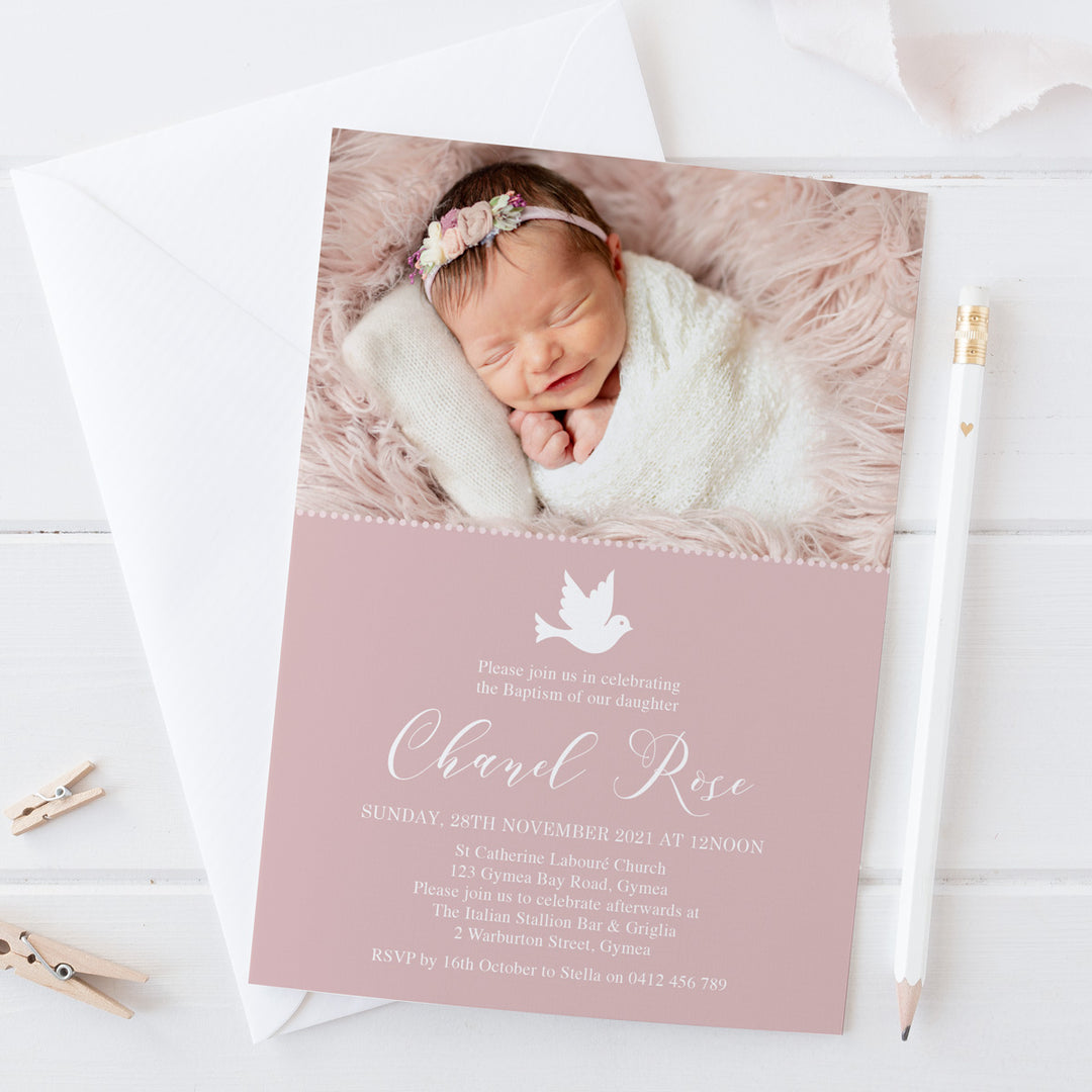 Girl Baptism invitation with symbolic Dove or Cross and a photo of baby girl. Designed and printed in Australia, or printable DIY invitations.