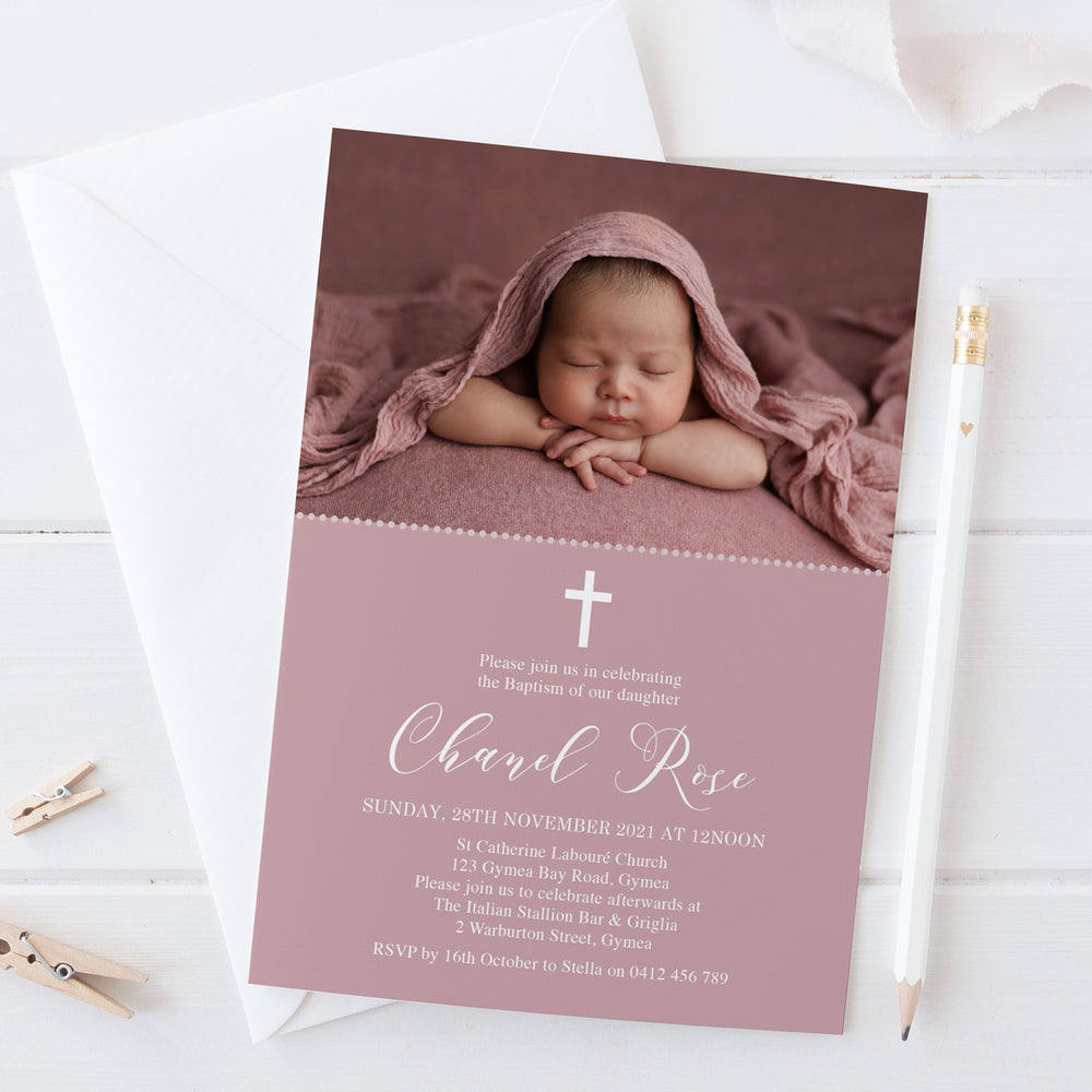 Girl Baptism invitation with symbolic Dove or Cross and a photo of baby girl. Designed and printed in Australia, or printable DIY invitations.