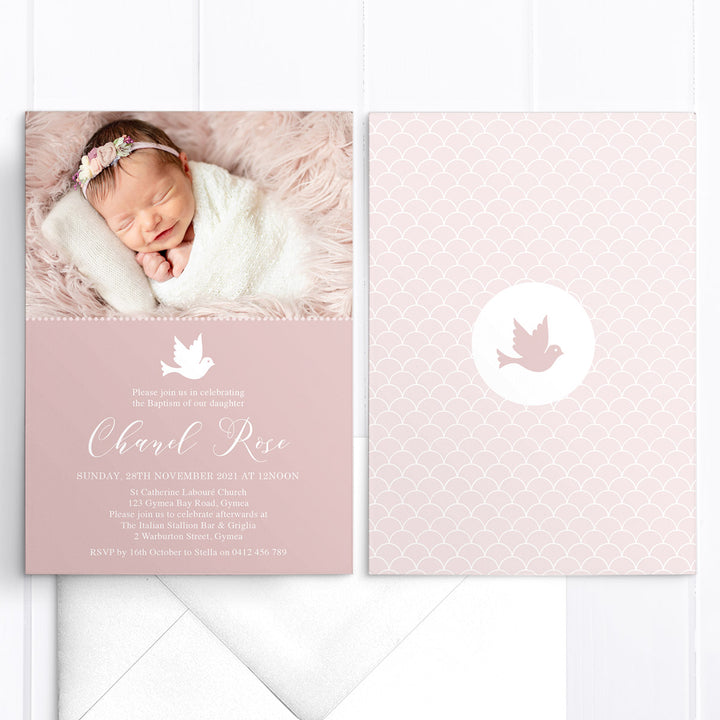Girl Baptism invitation with symbolic Dove or Cross and a photo of baby girl. Designed and printed in Australia, or printable DIY invitations.