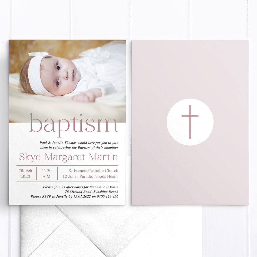 Modern Baptism and Christening Invitation with photo of your child and minimalistic font styles. Soft pink and white, printed in Australia on premium cardstock.