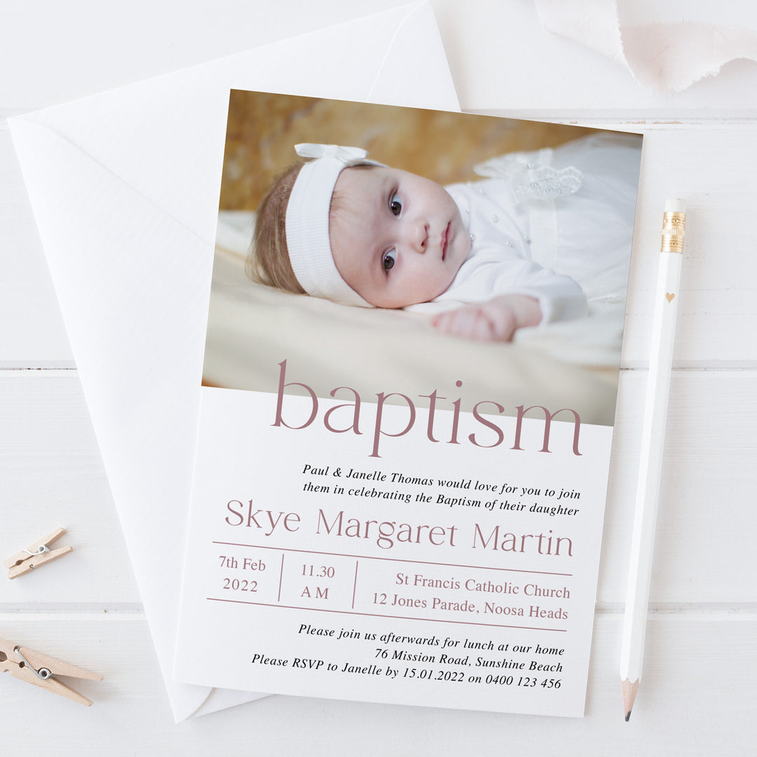 Modern Baptism and Christening Invitation with photo of your child and minimalistic font styles. Soft pink and white, printed in Australia on premium cardstock.