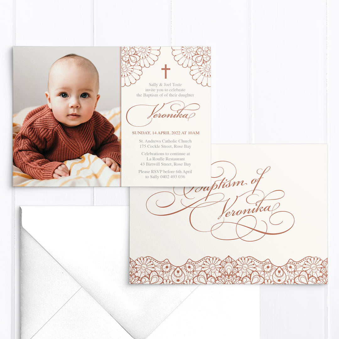 Girl Christening or Baptism photo invitation with lace border in cream and dusty pink, and traditional calligraphy font. Designed and printed in Australia