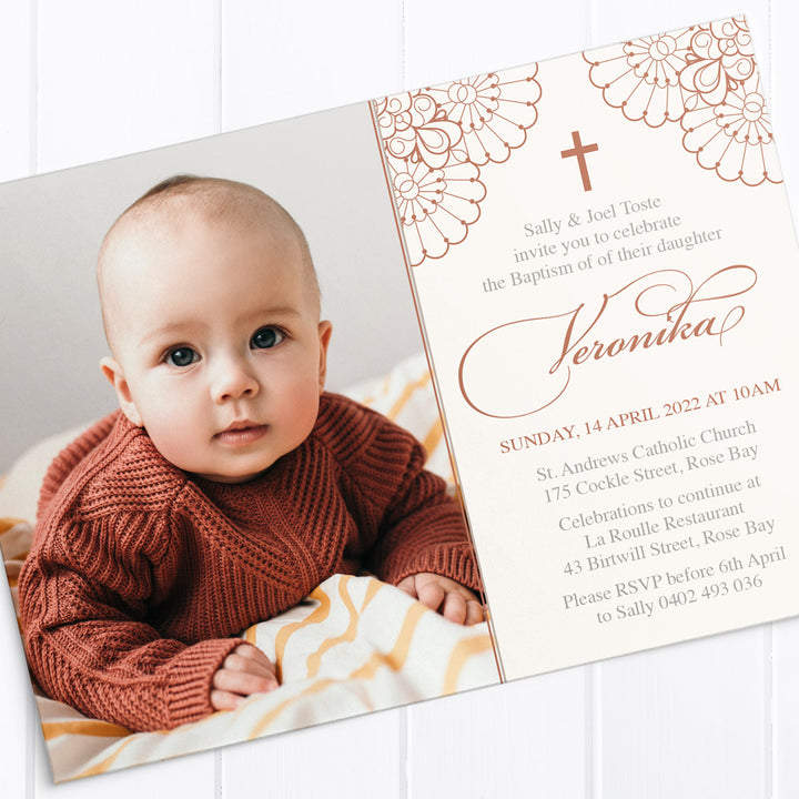 Girl Christening or Baptism photo invitation with lace border in cream and dusty pink, and traditional calligraphy font. Designed and printed in Australia