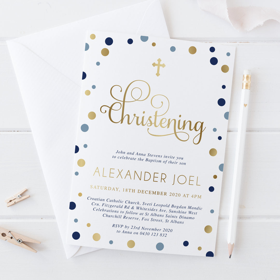 Beautiful gold foil Christening invitation with blue and navy coloured spots, printed in Australia.