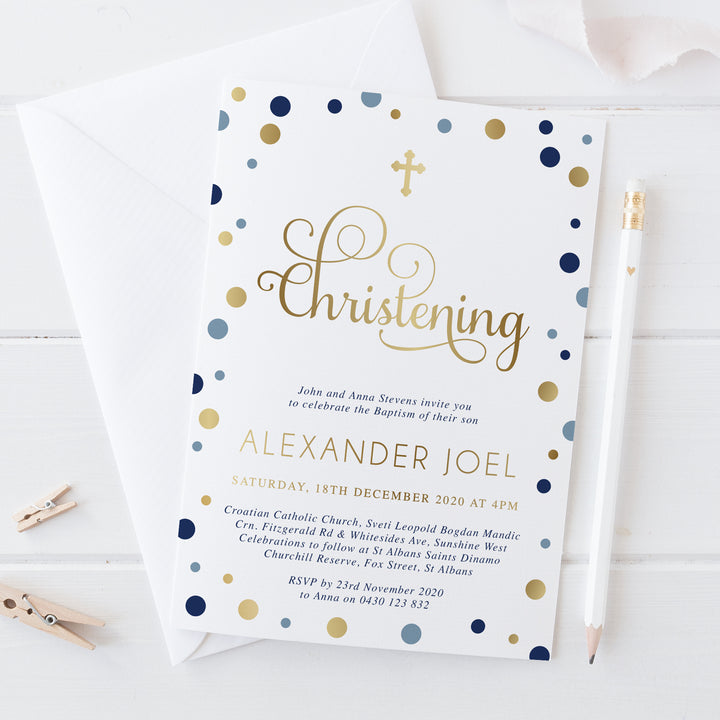 Beautiful gold foil Christening invitation with blue and navy coloured spots, printed in Australia.