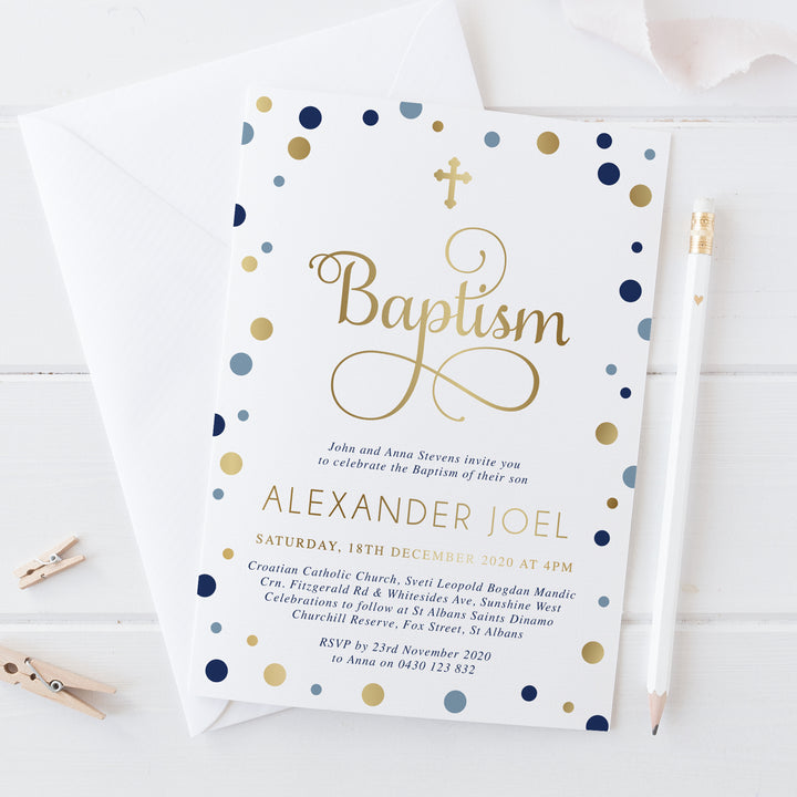 Beautiful gold foil baptism invitation with blue and navy coloured spots, printed in Australia.