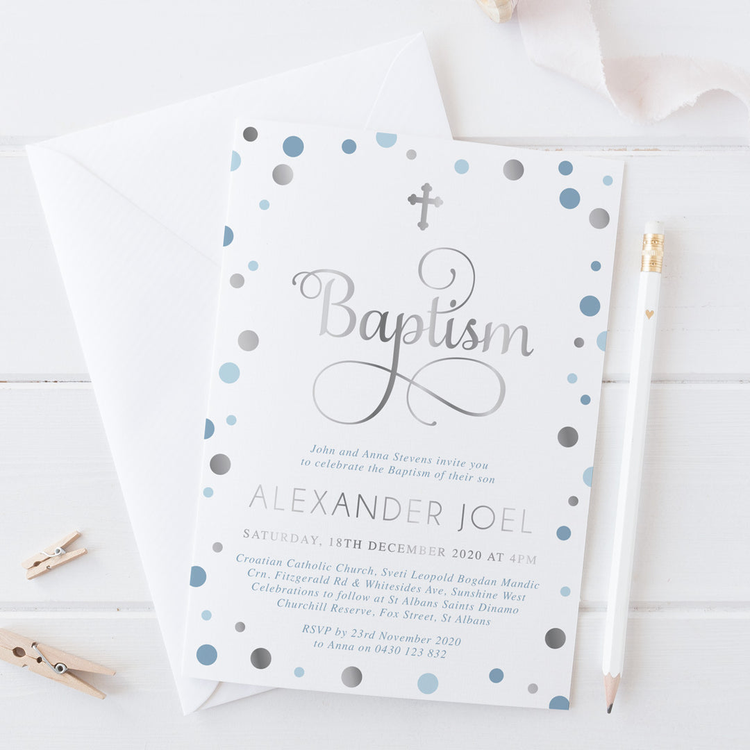 Beautiful silver foil baptism invitation with blue coloured spots, printed in Australia.