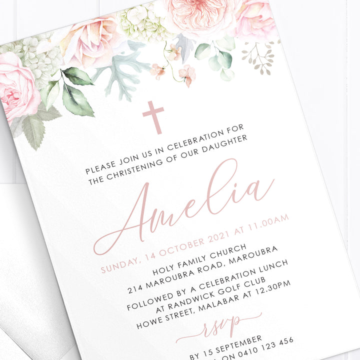 Baptism invitation with pink and coral flowers and a photo of baby girl. Designed and printed in Australia or Baptism digital file, printable.
