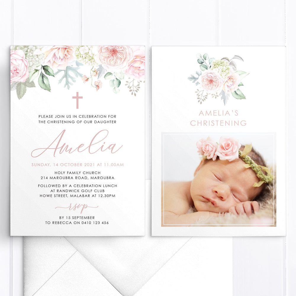 Baptism invitation with pink and coral flowers and a photo of baby girl. Designed and printed in Australia or Baptism digital file, printable.
