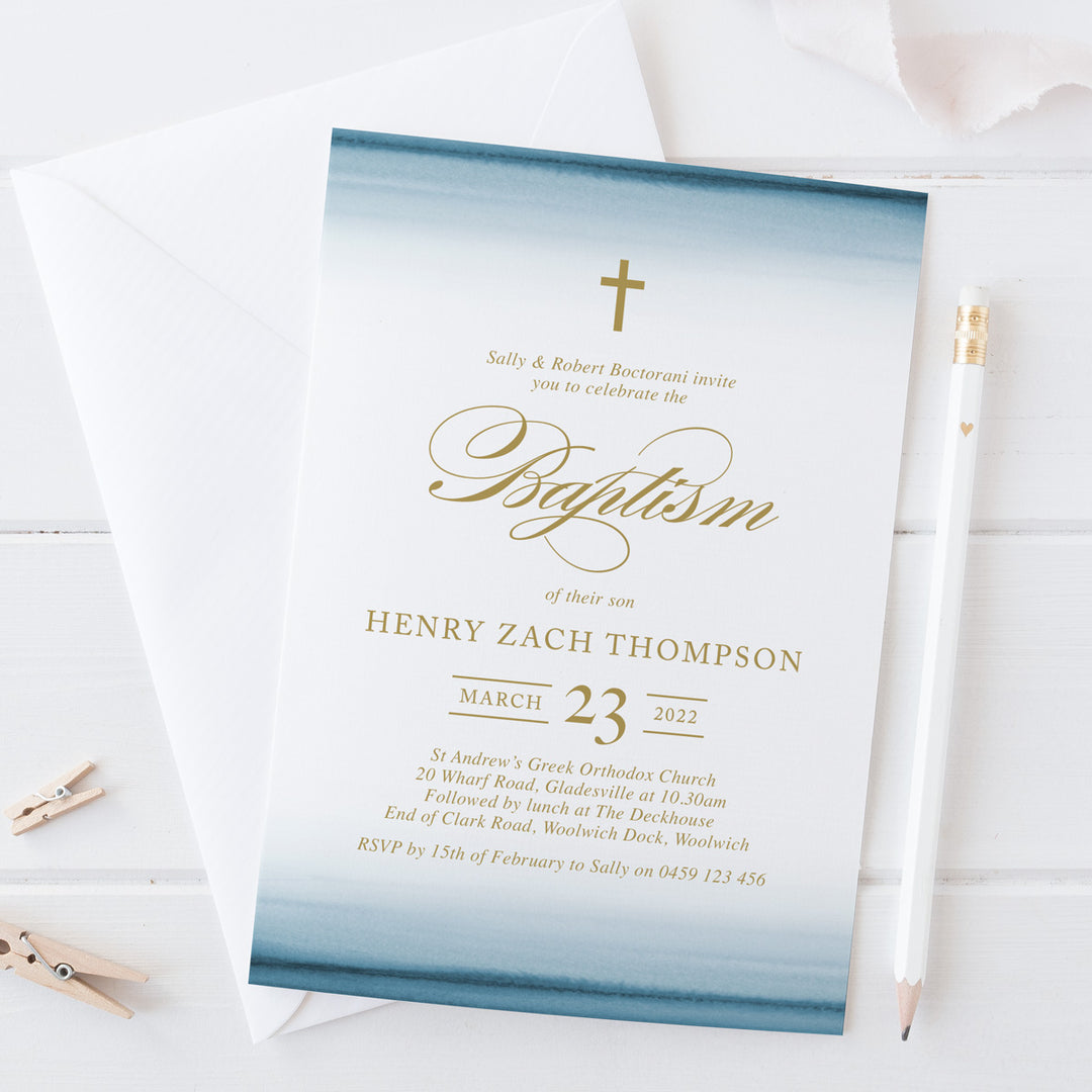 Baptism invitation with blue watercolour wash and gold text in traditional style with calligraphy fonts, Australia