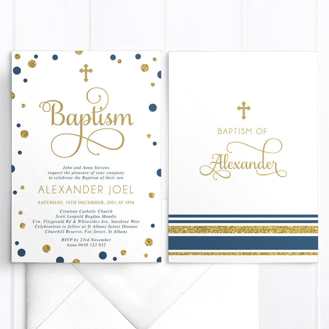 Boy Baptism invitation in navy blue and gold glitter. Large calligraphy heading and decorative cross. Printed in Australia.